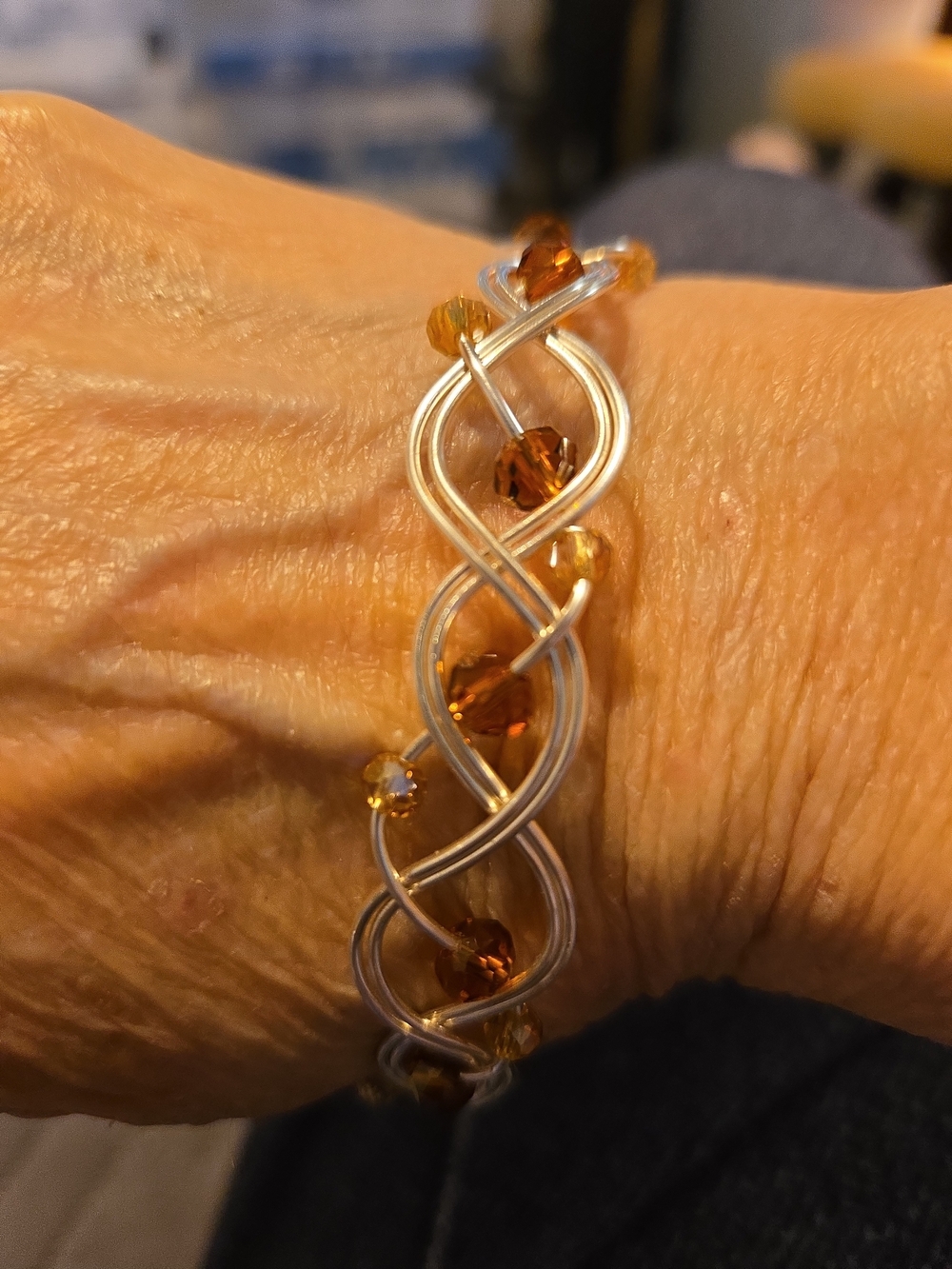 Hand Crafted Wire Braided Bangle Bracelet Amber 9.5” - Picture 3 of 15